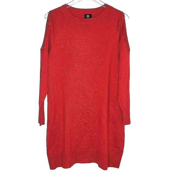 JM Collection Cold Shoulder Sweater M Red Shimmer Long Sleeve Crew Neck Party - Picture 1 of 7